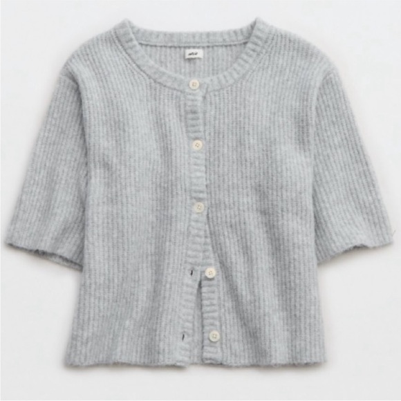 aerie Sweaters - Aerie Unreal Short Sleeve Light Gray Button-Up Cardigan small